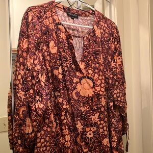 Rachel Zoe Floral Rust Color Top 3/4 Sleeve Hi Low Hem